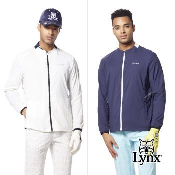 【Lynx Golf】男款吸排機能輕薄舒適網布剪接設計反光貼膜造型拉鍊口袋長袖外套-白色