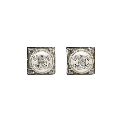 二手品 Chanel 方形水鑽雙C針式耳環(ABA641-銀)