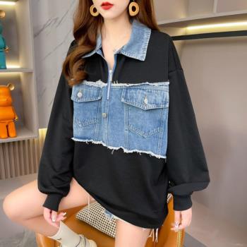 Akara 新穎拼接牛仔造型保暖長袖毛衣上衣 XL-4XL