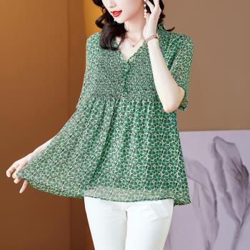 【ALLK 歐楷】新品 長版印花雪紡衫上衣 綠色(尺寸L-XXL/中大尺碼/涼爽/透氣)