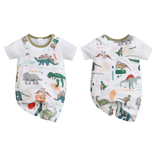 Colorland-棉質短袖包屁衣 寶寶連身衣 綠底恐龍款嬰兒服