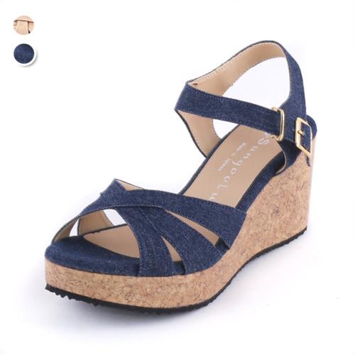 型-【Alice】MIT台灣製超輕量素色交叉寬扣帶楔型厚底涼鞋