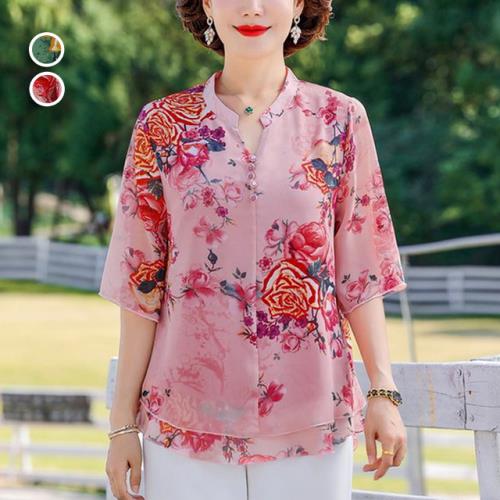 【韓國K.W.】型-雪紡絲質玫瑰花色假二件式上衣