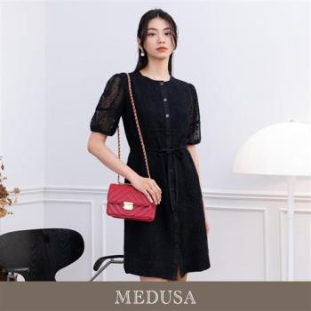 現貨【MEDUSA 曼度莎】黑色蕾絲燒花開襟綁帶小洋裝（M-XL）｜小禮服 蕾絲洋裝 短袖洋裝