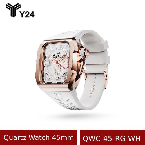 送原廠錶帶-【Y24】 Quartz Watch 45mm 石英錶芯手錶 QWC-45-RG-WH 白/玫瑰金 (含錶殼)