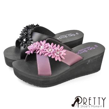 Pretty 女 拖鞋 厚底拖鞋 楔型拖鞋 輕量 鑽飾 花朵 台灣製BA-20899