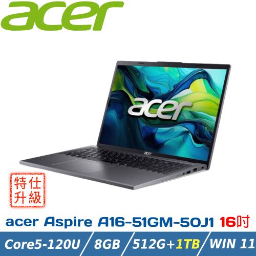 (改機升級)Acer Aspire A16-51GM-50J1 灰(C5 120U/RTX2050/8GB/512GB+1TB/WUXGA/W11)