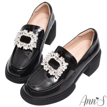 Ann’S名品方形鑽扣-漆皮QQ彈力舒適厚底粗跟樂福鞋6cm-黑