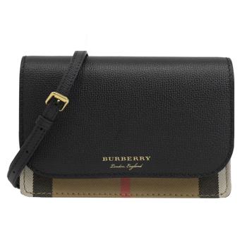 BURBERRY 8046316 HAMPSHIRE 燙金LOGO格紋棉麻斜背包.黑