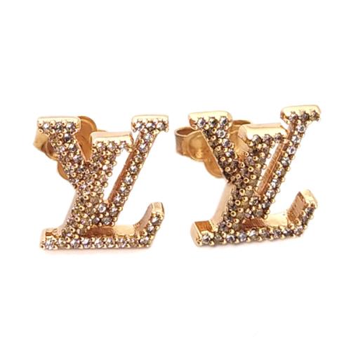LV 鑲水晶LOGO字樣墜飾玫瑰金色金屬耳環