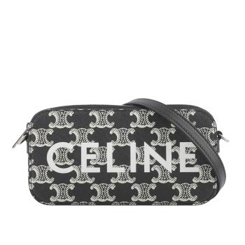 CELINE TRIOMPHE塗層帆布及小牛皮長型斜背包(黑色/白色) 10L272FSQ.38AW