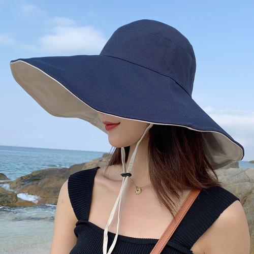 日本 BEAUTYJAPAN 全棉抗UV可塑型雙面可戴超大寬檐16CM防曬帽BJ2123藍色/米色