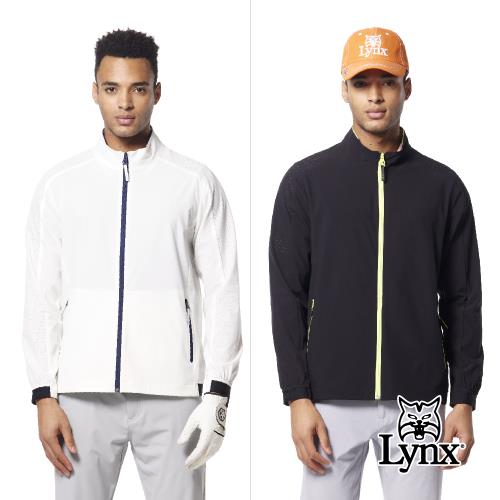 【Lynx Golf】男款抗UV機能輕薄舒適後背山貓沖孔造型配布剪裁設計拉鍊口袋長袖外套-白色