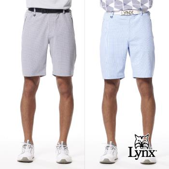 【Lynx Golf】男款彈性舒適經典細格紋路後腰LOGO織帶剪接拉鍊口袋造型平口休閒短褲-灰色
