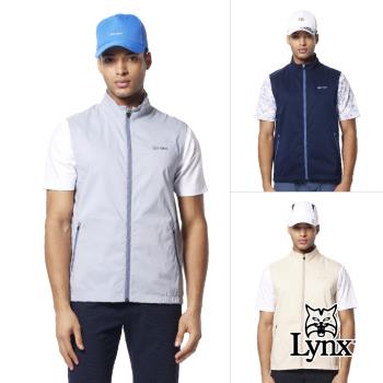 【Lynx Golf】男款透氣彈性舒適脇邊剪接沖孔山貓造型配布拉鍊口袋無袖背心-灰色