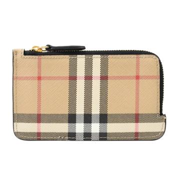 BURBERRY 8058013 Somerset 品牌格紋L型3卡零錢包.黑邊