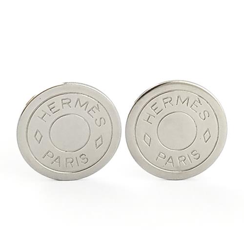 九成新展示品--HERMES 銀色簍空刻字金屬圓釦夾式耳環