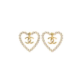 CHANEL 經典雙C LOGO心形鑲鑽針式耳環 (金色)