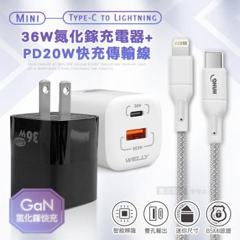 【超速組合】WELLY 36W氮化鎵GaN 雙孔充電器+PD20W Type-C to Lightning 傳輸充電線(2M)