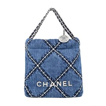 CHANEL 22 Mini Handbag菱格紋縫線牛仔帆布肩揹包(單寧藍)