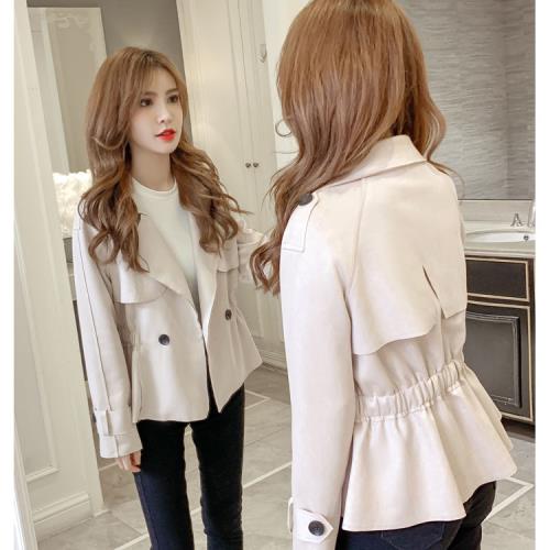 BJ COLLECTION 日系質感麂皮西裝領收腰設計短版風衣/外套BJC10026米色