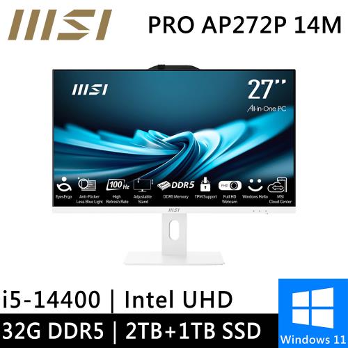 微星 PRO AP272P 14M-633TW-SP7 27型 白(i5-14400/32G DDR5/2TB+1TB SSD/W11)特仕版