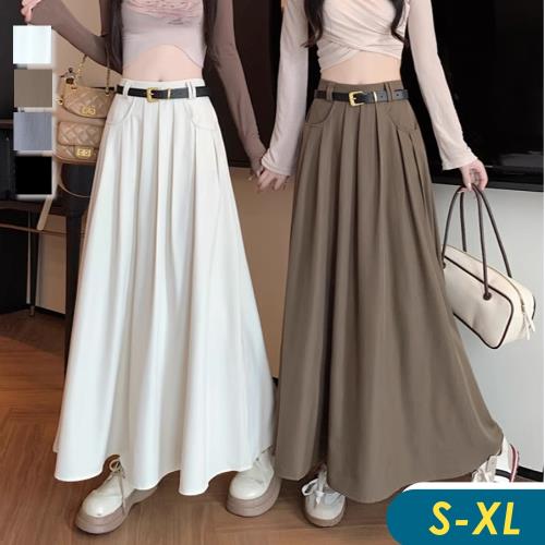 【CHACO】/預購/ 時尚美拉德鬆緊高腰打摺設計大襬長裙+皮帶#6203