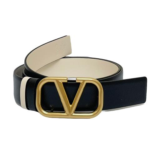 【VALENTINO】V LOGO 小牛皮雙面皮帶-黑色/米白色 (75cm、85cm) 3W0T0T15ZFR L60