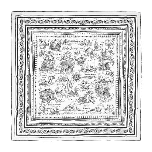 Hermes 愛馬仕 Tatouages Marins Bandana 140 cm手工捲邊喀什米爾與真絲混紡方巾(白/黑)