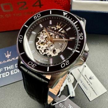 MASERATI 瑪莎拉蒂男錶 44mm 銀圓形精鋼錶殼 黑色雙面機械鏤空鏤空, 中三針顯示, 水鬼, 可旋轉錶面款 R8821140003