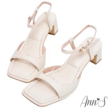 Ann’S美化腳版加圍邊-一字帶粗跟方頭涼鞋5cm-米白