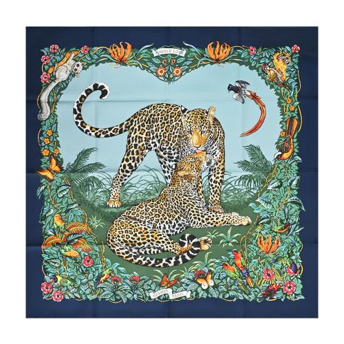 Hermes 愛馬仕 Jungle Love forever 90 cm手工捲邊斜紋真絲方巾(海洋/綠/橘)