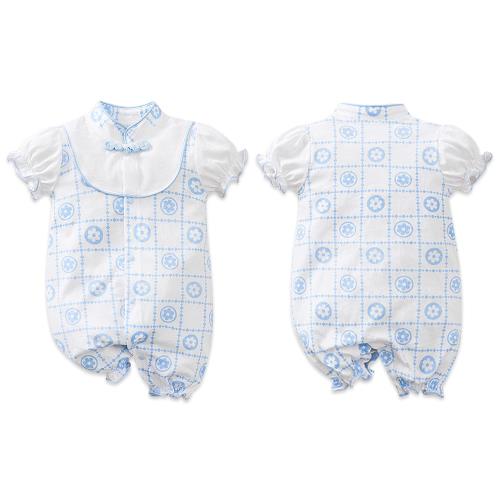Colorland-棉質短袖包屁衣 寶寶連身衣 淺藍花格款嬰兒服