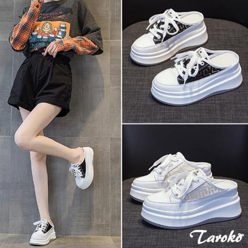 Taroko 夏季街拍網面透氣綁帶半拖穆勒鞋(2色可選)