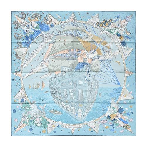 Hermes 愛馬仕 Hermès Flagship 90 cm手工捲邊斜紋真絲方巾(天空藍/灰綠/玫瑰)