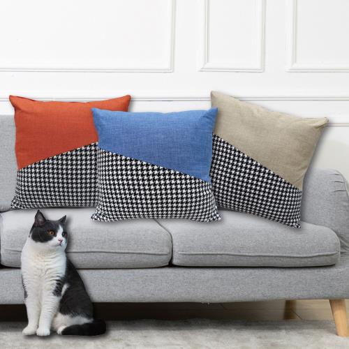 Victoria 千鳥格棉麻雙拼靠墊-三色任選