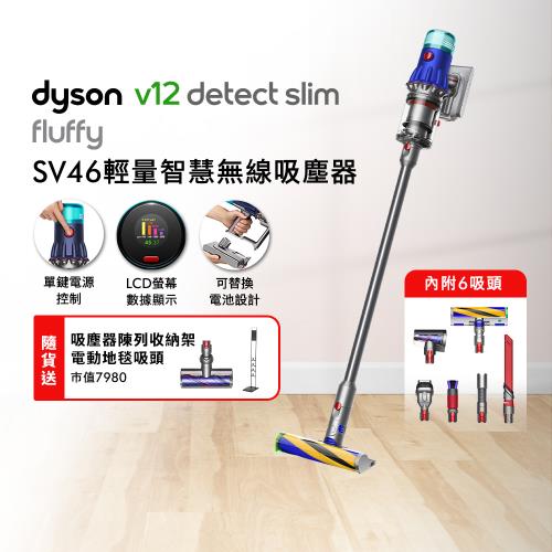 Dyson 戴森V12 Detect Slim Fluffy SV46 輕量智能吸塵器 (銀灰) (送收納架+地毯吸頭)
