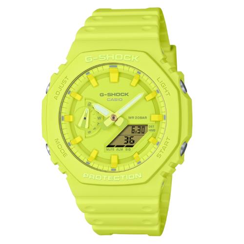 【CASIO 卡西歐】G-SHOCK 農家橡樹 繽紛時尚 八角雙顯腕錶 螢光色 GA-2100-9A9_45.4mm