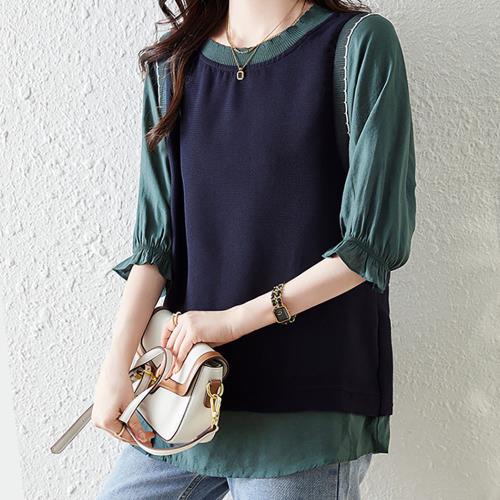 麗質達人 - 8236藍綠色假二件上衣LY