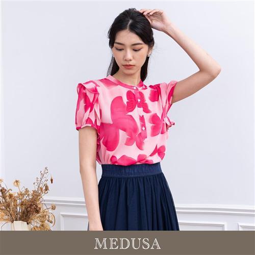 現貨【MEDUSA 曼度莎】桃紅蝴蝶印花雪紡上衣（M-2L）｜女上衣 短袖上衣
