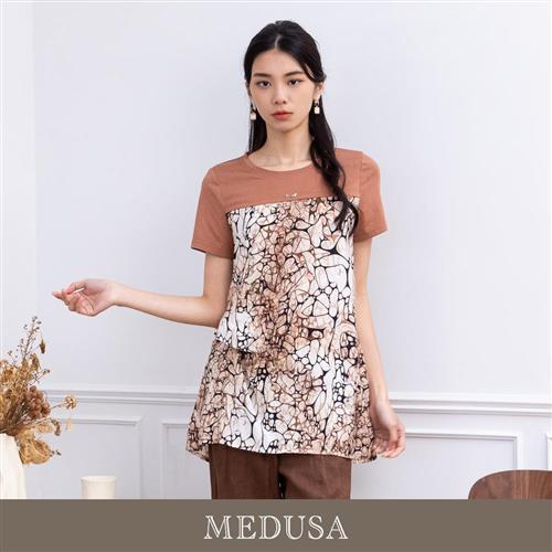 現貨【MEDUSA 曼度莎】大理石紋拼接嫘縈長版上衣（M-2L）｜女上衣 短袖上衣 涼感嫘縈