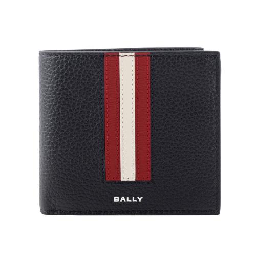 BALLY Ribbon 紅白條紋牛皮對開零錢袋短夾(黑色)