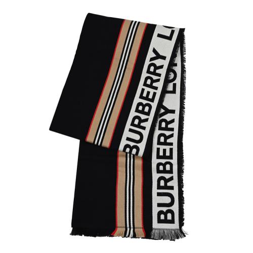 BURBERRY 8047348 撞色條紋字樣印花保暖長圍巾/披肩.黑