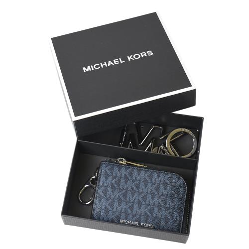 MICHAEL KORS 男款 緹花LOGO防刮L型拉鍊零錢包/鑰匙圈禮盒-藍色