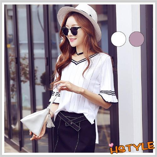 針織上衣 V領條紋荷葉五分袖針織衫EQ6703-創翊韓都