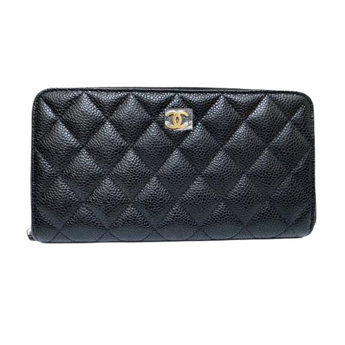 【CHANEL】香奈兒 黑色金色雙Ｃ經典 粒紋小牛皮 ㄇ字拉鍊長夾  - AP0242Y01864C3906