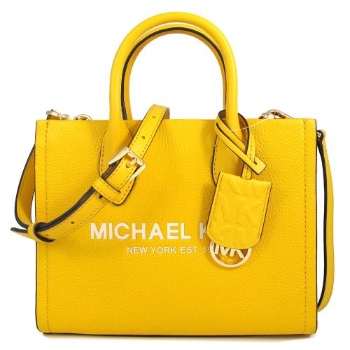 MICHAEL KORS 荔枝紋皮革大LOGO小手提肩斜兩用包(鵝黃色)
