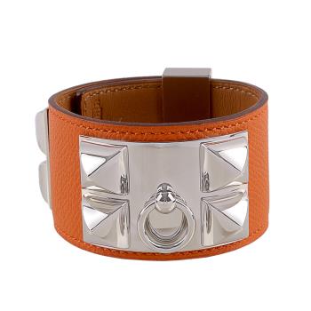 展示商品 HERMES EPSOM皮 鉚釘銀釦CDC手環 (S)(橘色)