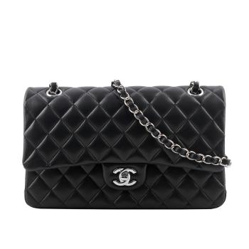 二手商品9成新 CHANEL 銀釦菱格紋小羊皮 25cm COCO包(黑色)
