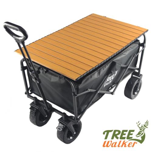 TreeWalker 多用途可煞車露營摺疊置物手拉車(四輪推車、露營推車)-附露營推車木紋桌板